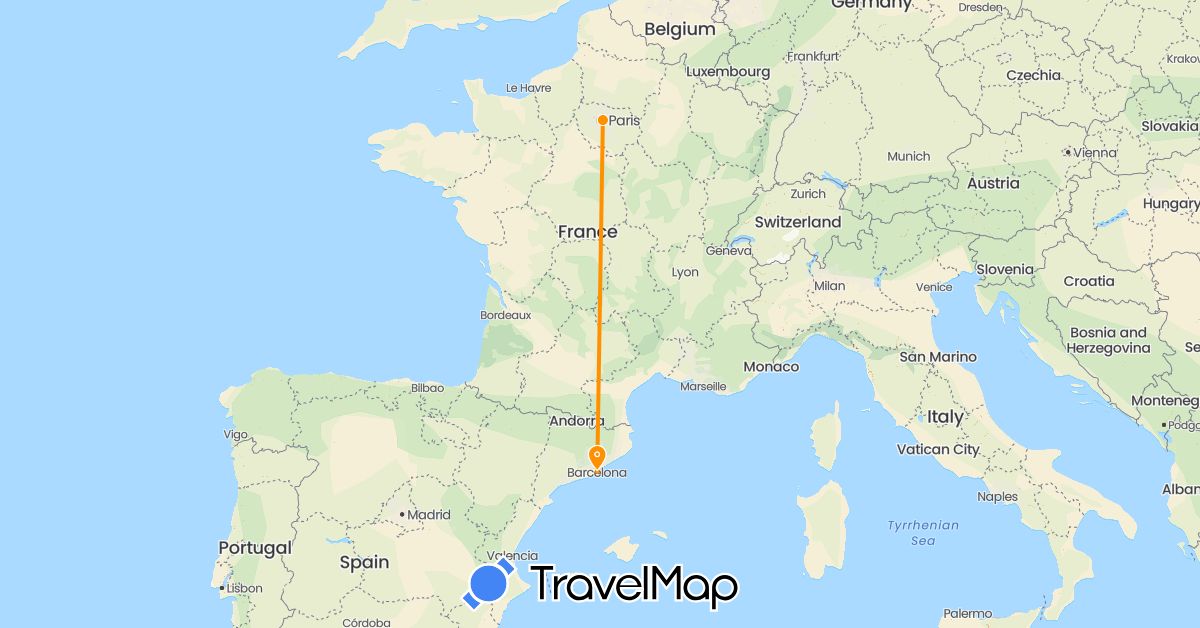 TravelMap itinerary: driving, hitchhiking in Spain, France (Europe)